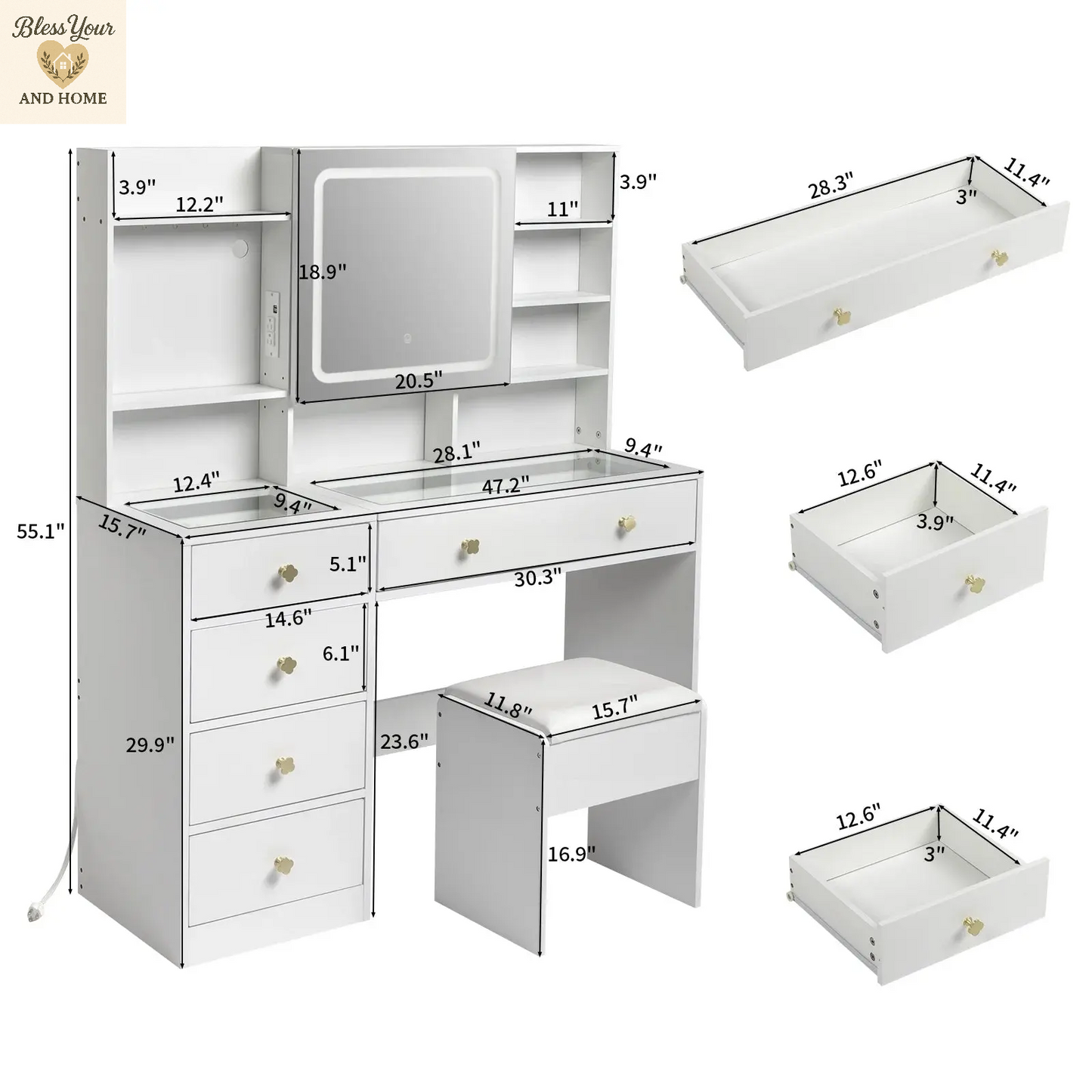 Elevate Your Beauty Routine with the Ktaxon 47.2" Makeup Vanity - Complete with Adjustable 3-Color LED Lights and USB Charging Station!