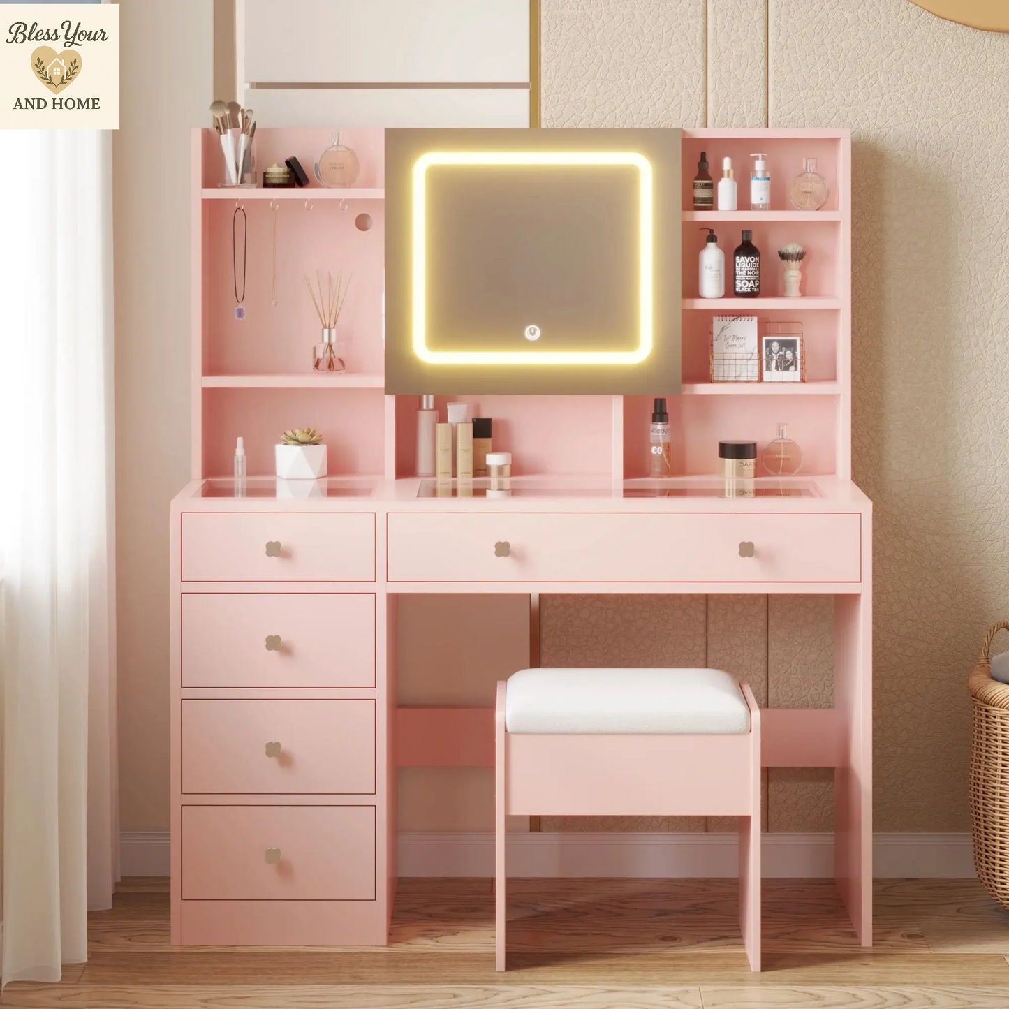 Elevate Your Beauty Routine with the Ktaxon 47.2" Makeup Vanity - Complete with Adjustable 3-Color LED Lights and USB Charging Station!