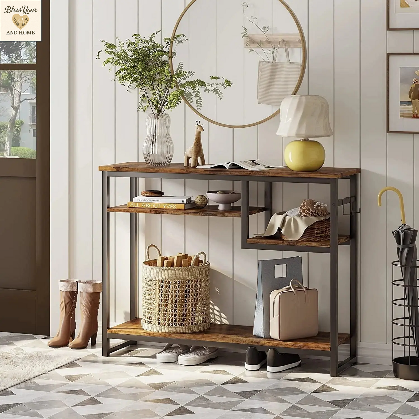 Elegant Rustic Narrow Console Table with 4 Storage Shelves and 2 Hooks - Perfect for Any Space