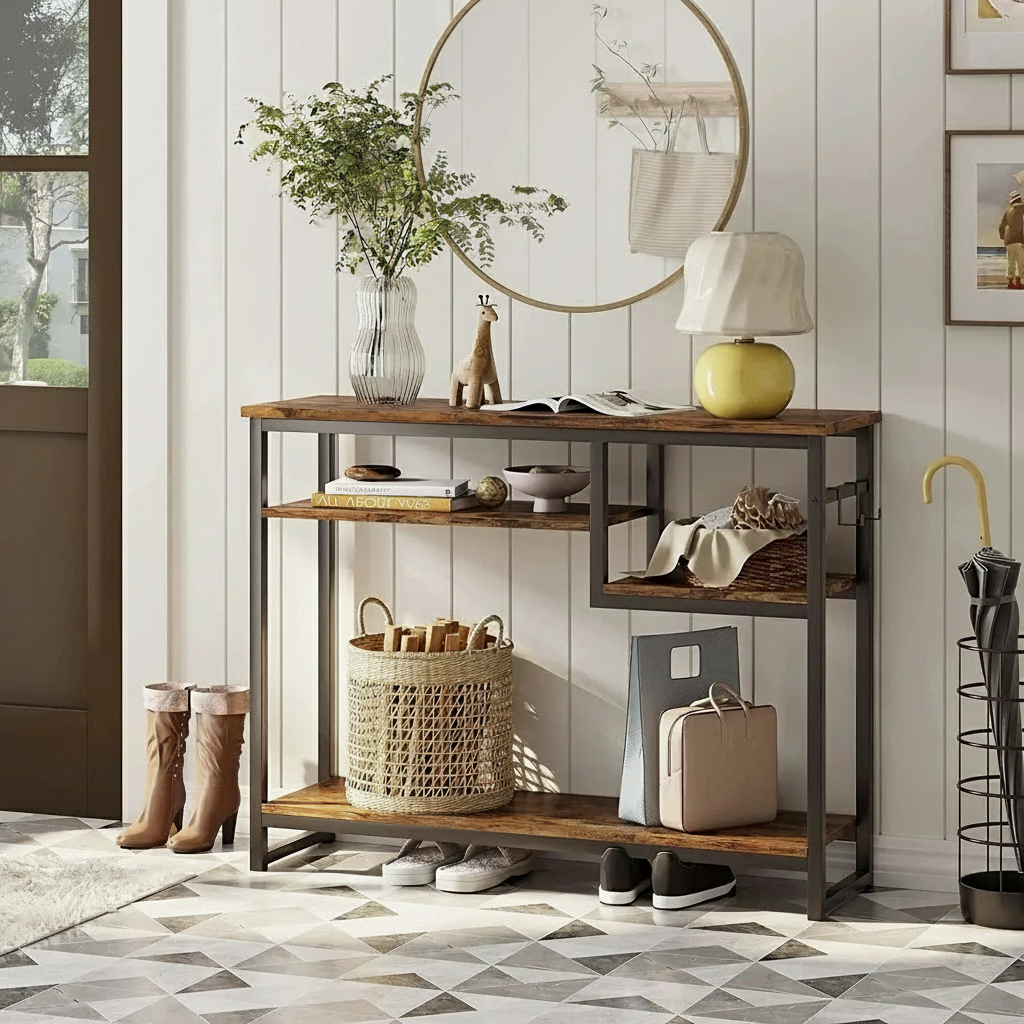 Elegant Rustic Narrow Console Table with 4 Storage Shelves and 2 Hooks - Perfect for Any Space