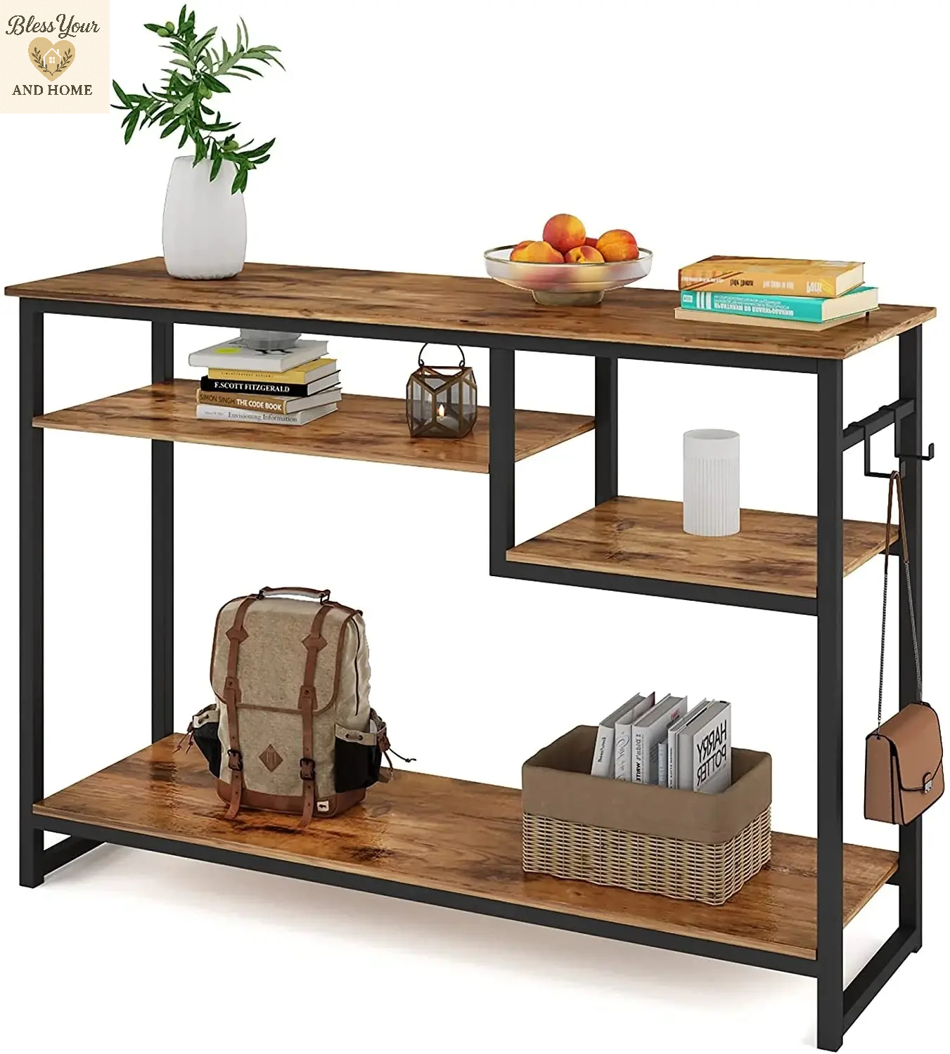Elegant Rustic Narrow Console Table with 4 Storage Shelves and 2 Hooks - Perfect for Any Space