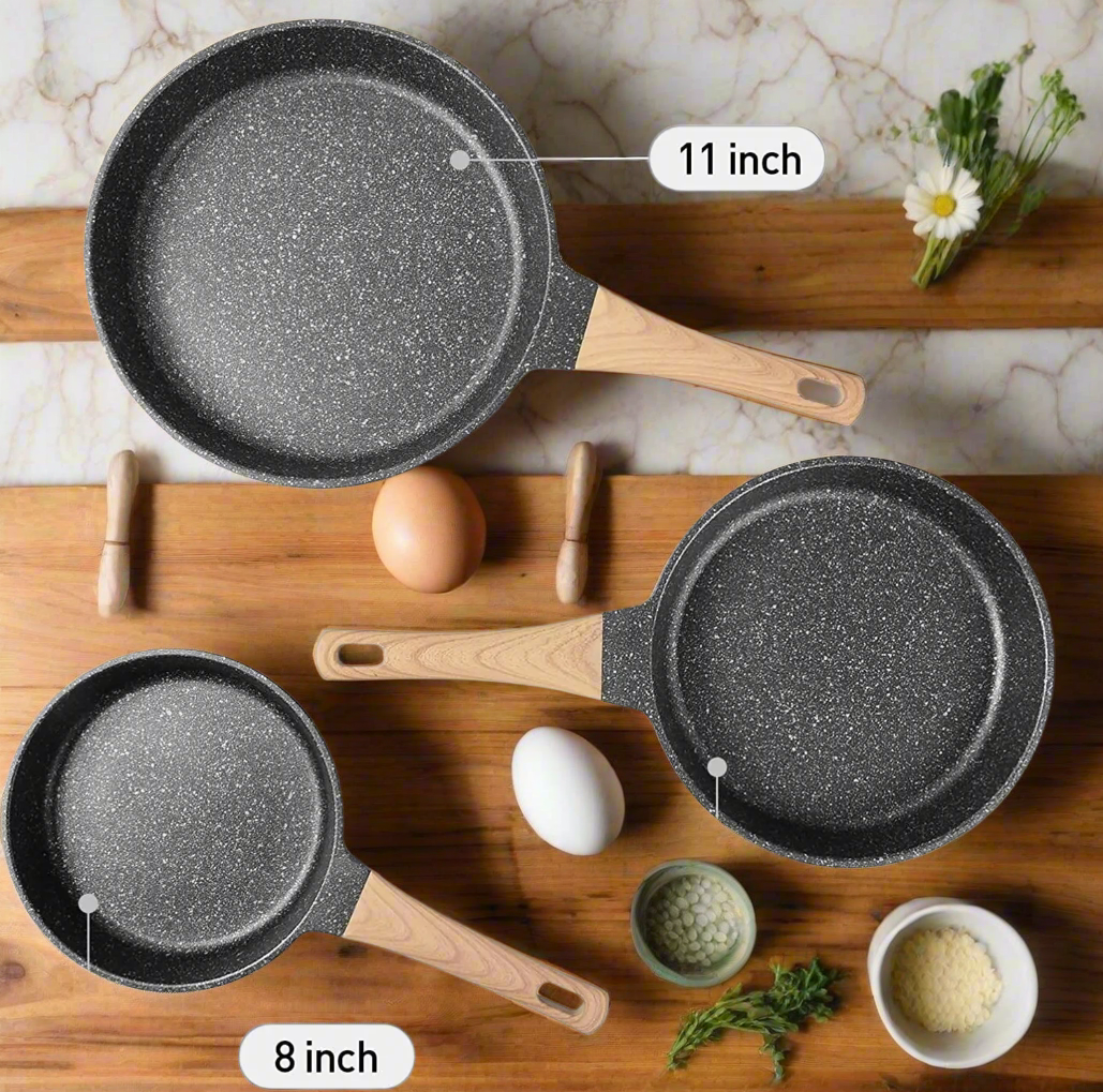 YIIFEEO Nonstick Frying Pan Set - Versatile Granite Skillet Cookware for Effortless Cooking (8", 9.5", & 11" Sizes) - Perfect Christmas Gift for Home Chefs