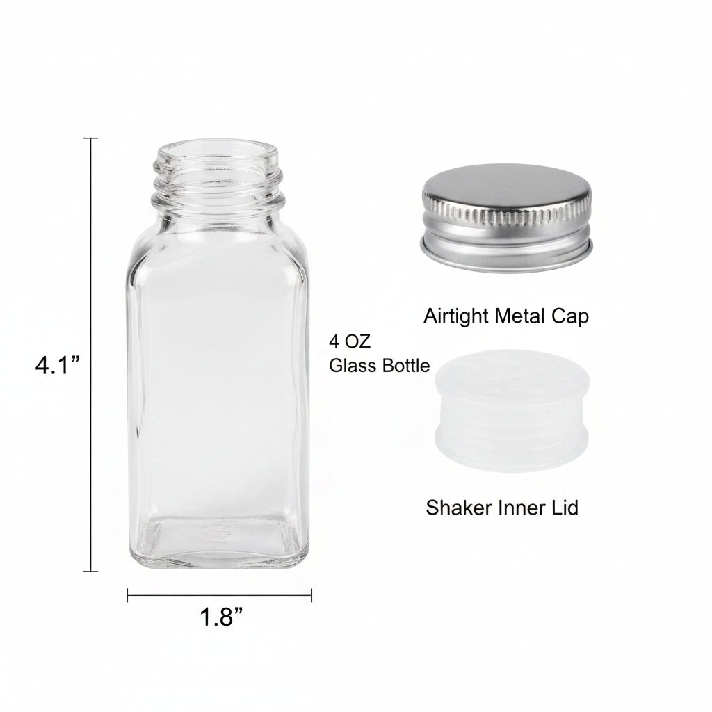 4 ounce square glass spice jar with airtight metal cap and shaker inner lid for kitchen spice storage
