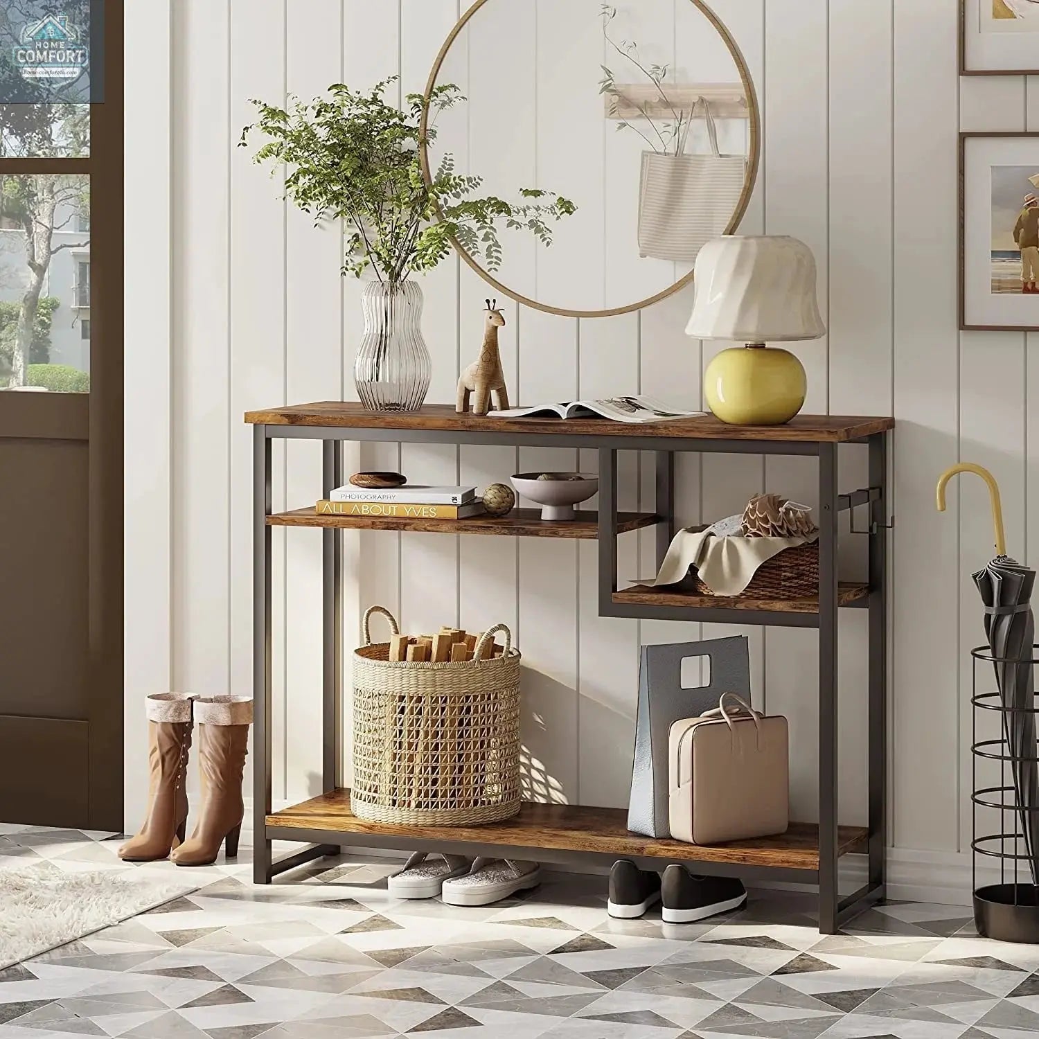 Bestier Narrow Console Table, Rustic with 4 Storage Shelves and 2 Hooks