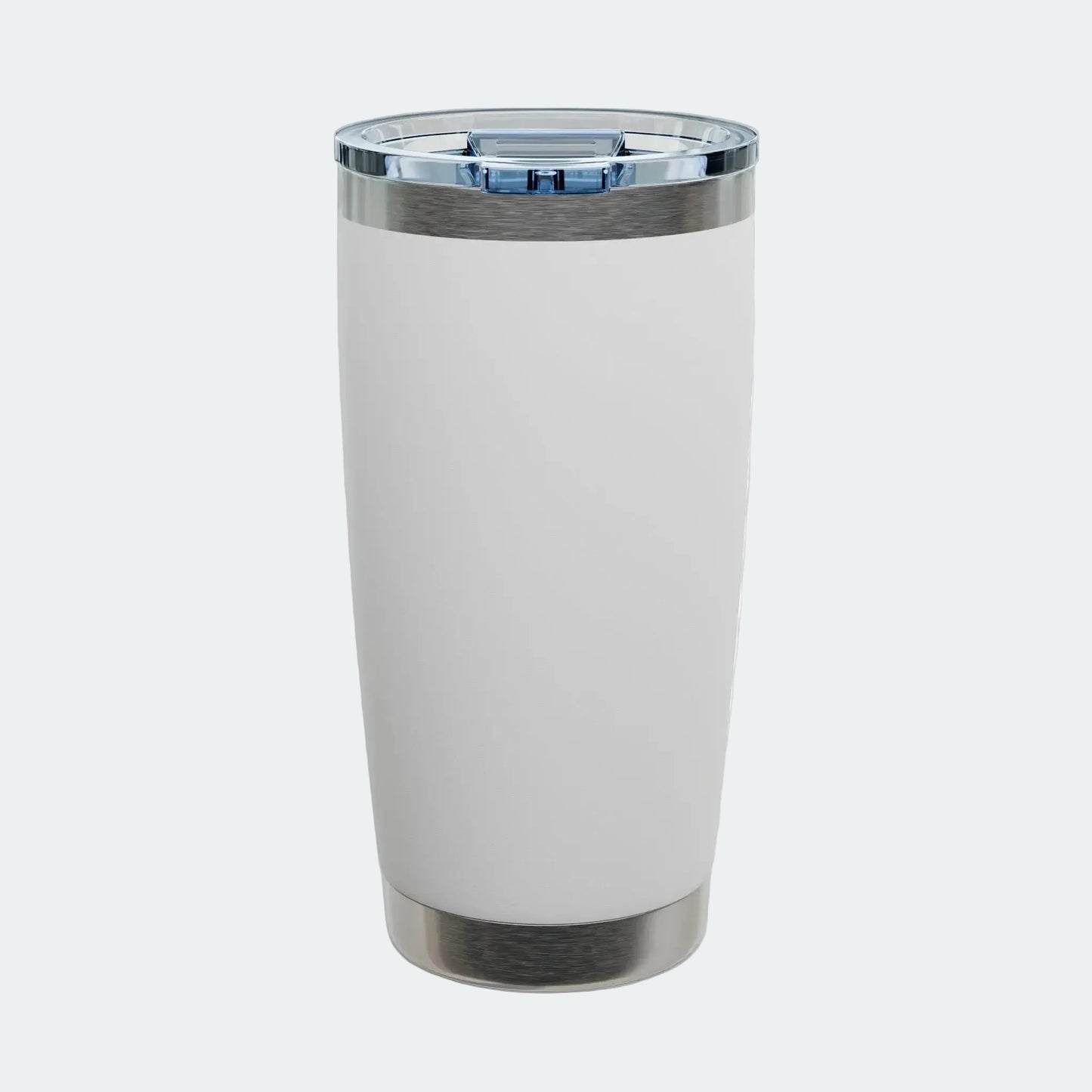 A matte white insulated travel tumbler with brushed stainless steel accents at the top and bottom, featuring a clear lid.
