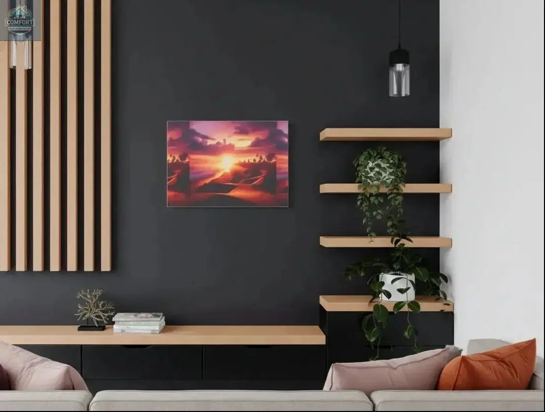 Custom tropical sunset canvas print displayed on a dark modern wall above a wooden console with plant décor