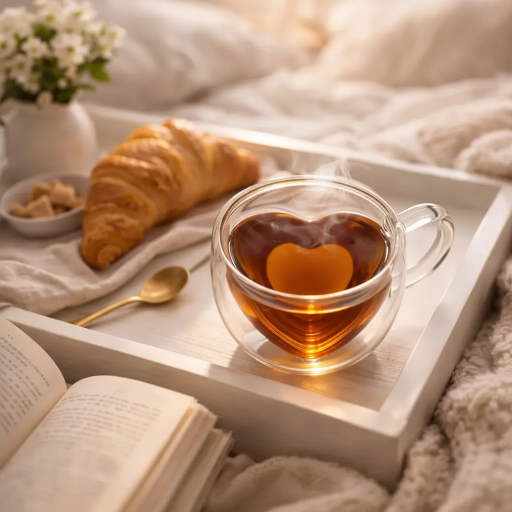 Tray with a cup of tea, croissant, and book on a cozy surface