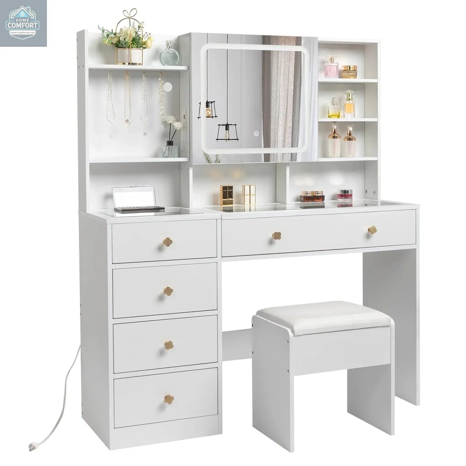Ktaxon Large 47.2" Makeup Vanity with 3 Color Lights, Vanity Desk with USB Charging Station, Vanity Makeup Table with Visible Drawers, Hidden and Open Storage Shelves, White