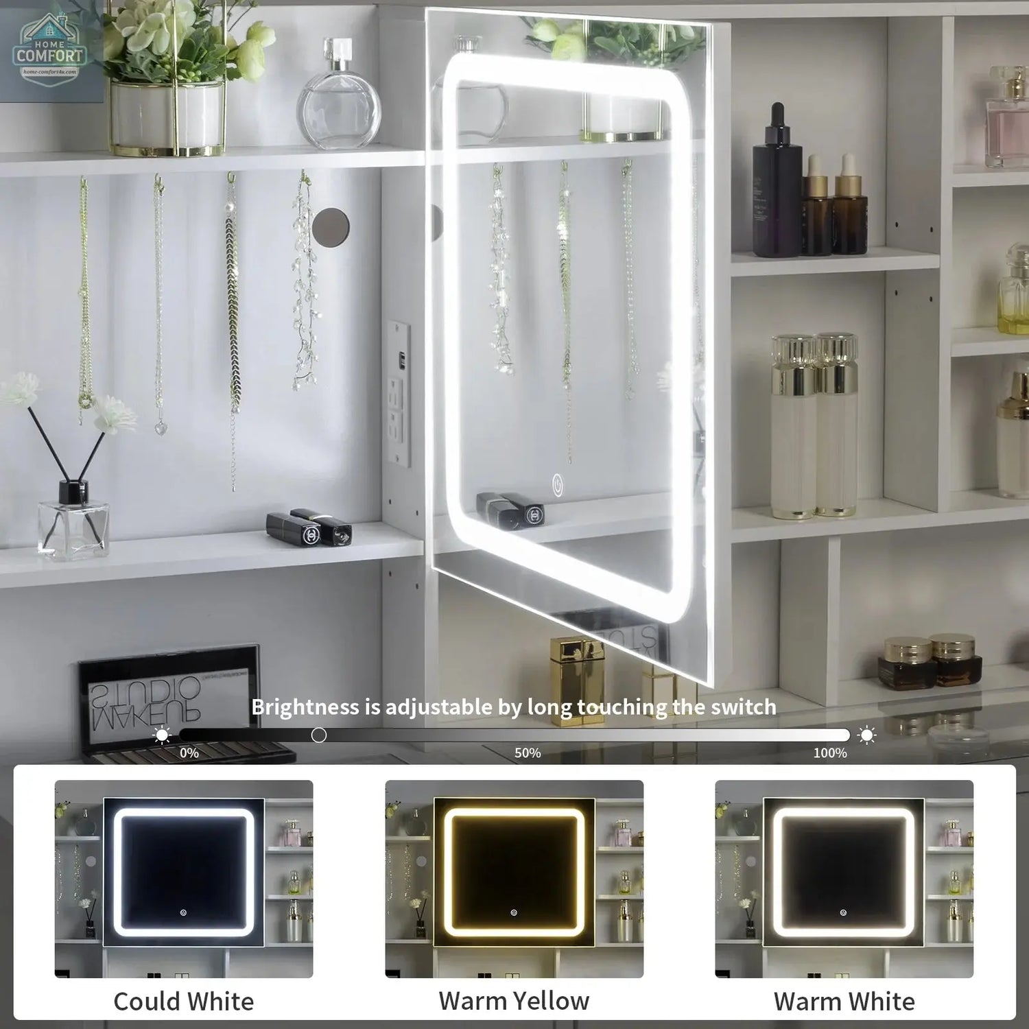 Ktaxon Large 47.2" Makeup Vanity with 3 Color Lights, Vanity Desk with USB Charging Station, Vanity Makeup Table with Visible Drawers, Hidden and Open Storage Shelves, White