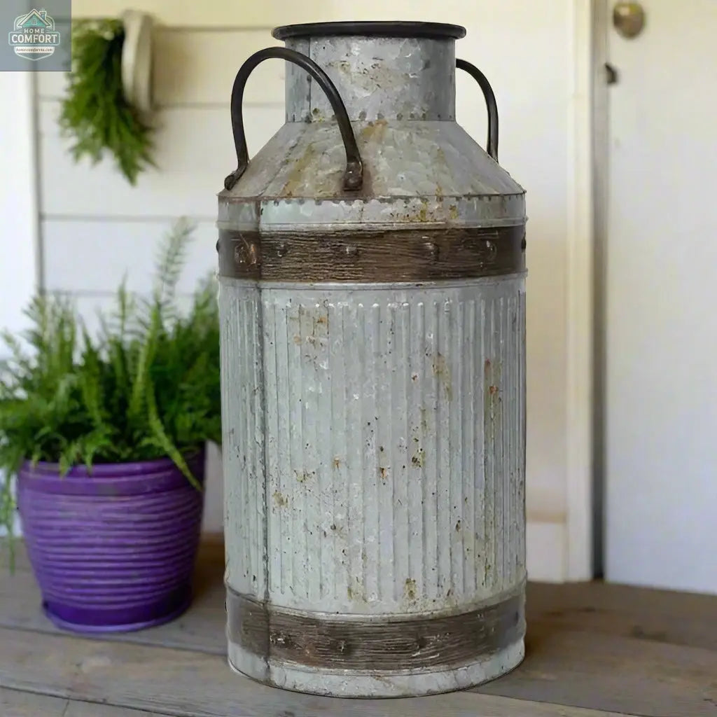 Large antique style galvanized metal milk can rustic farmhouse decorative container