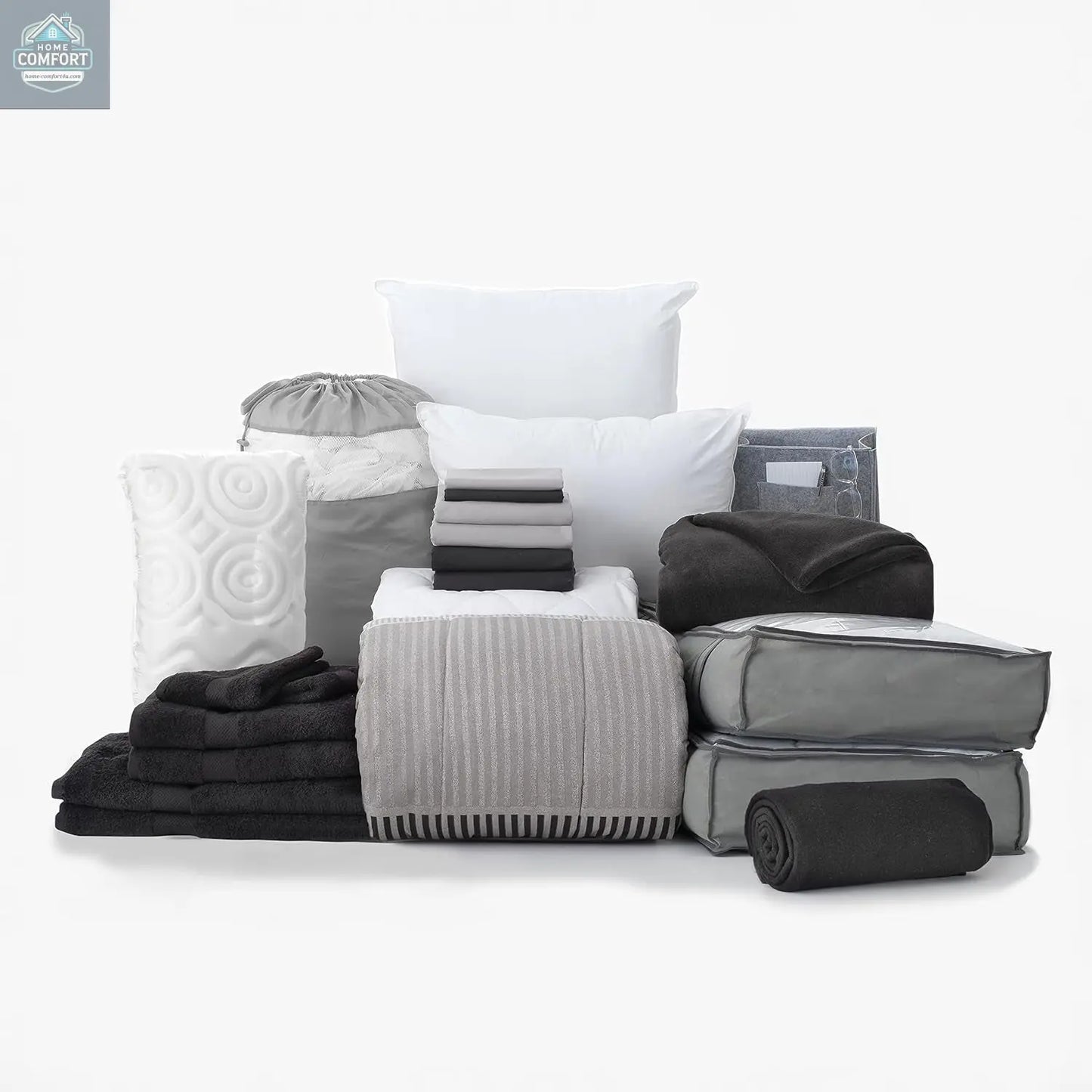 OCM Preferred Dorm Essentials Value Pack - 23 Piece Twin XL Set | Twin XL | Comforter, Sheets, Pad, Topper, Towels, Organization, Storage | Preston Black and Gray | Graphic Black, Gray and White