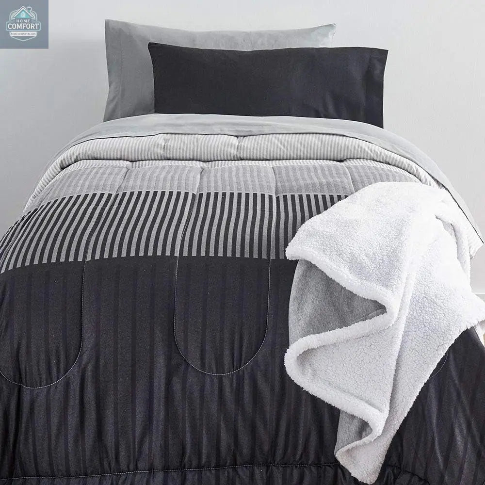 OCM Preferred Dorm Essentials Value Pack - 23 Piece Twin XL Set | Twin XL | Comforter, Sheets, Pad, Topper, Towels, Organization, Storage | Preston Black and Gray | Graphic Black, Gray and White