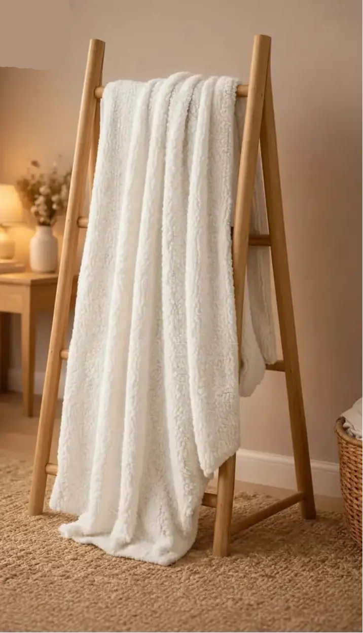 Pearl blanket draped over a wooden ladder in a cozy bedroom setting.