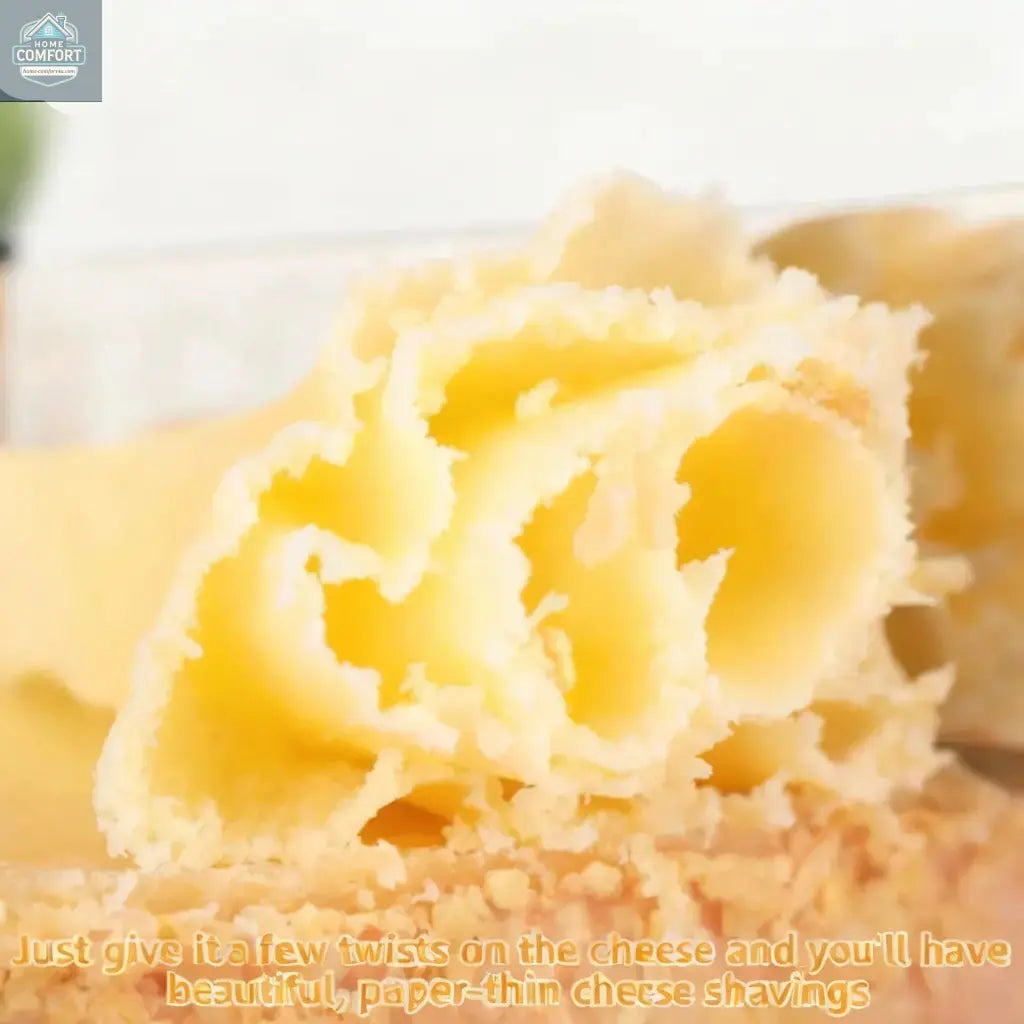 Detailed view of gourmet cheese shavings made with stainless steel handheld cheese curler
