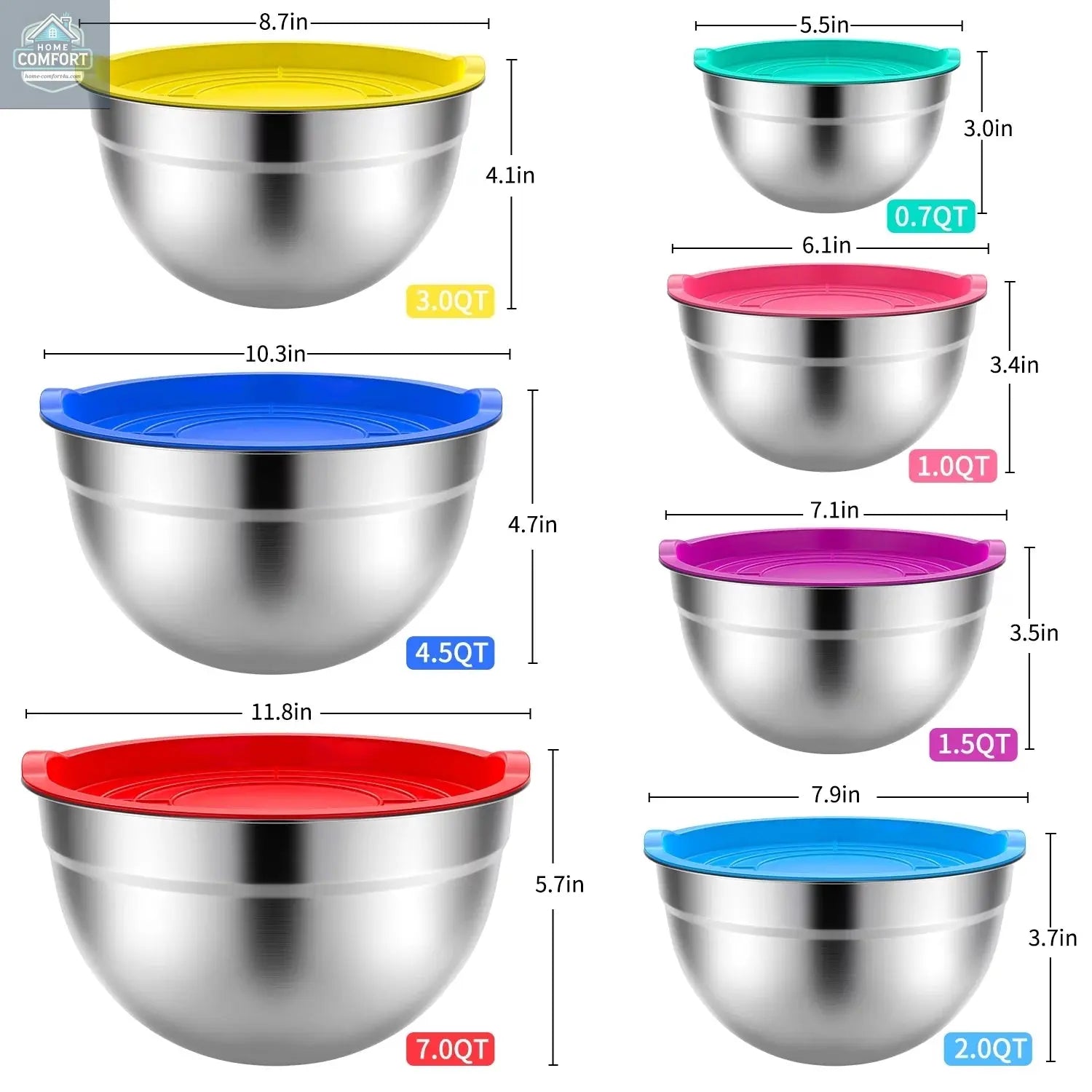 TINANA Mixing Bowls with Lids: 7 Pack Stainless Steel Mixing Bowls Set, Metal Nesting Mixing Bowls for Kitchen, 7/4.5/3.0/2.0/1.5/1.0/0.7QT, Great for Prep, Baking, Serving, Multicolor