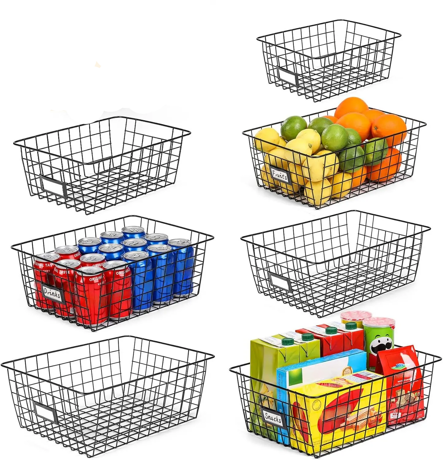 Versatile 6 Pack Wire Baskets for Ultimate Pantry Organization - Includes 2 XXLarge, 2 XLarge, and 2 Large Sizes