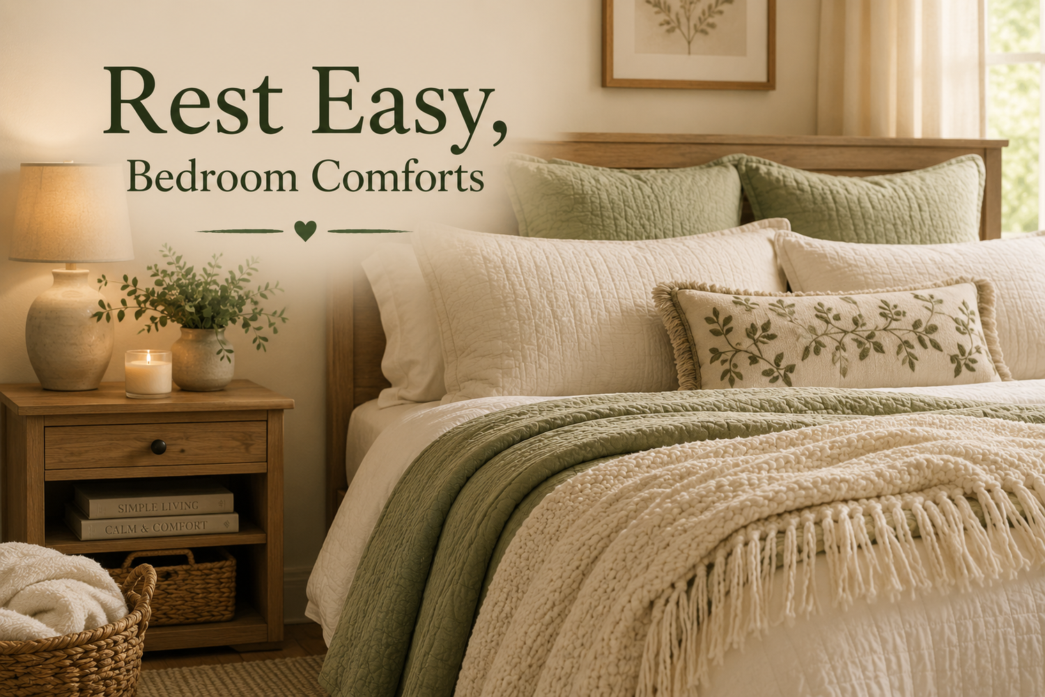 Cozy bedroom with a bed, nightstand, and decor elements with 'Rest Easy, Bedroom Comforts' text.