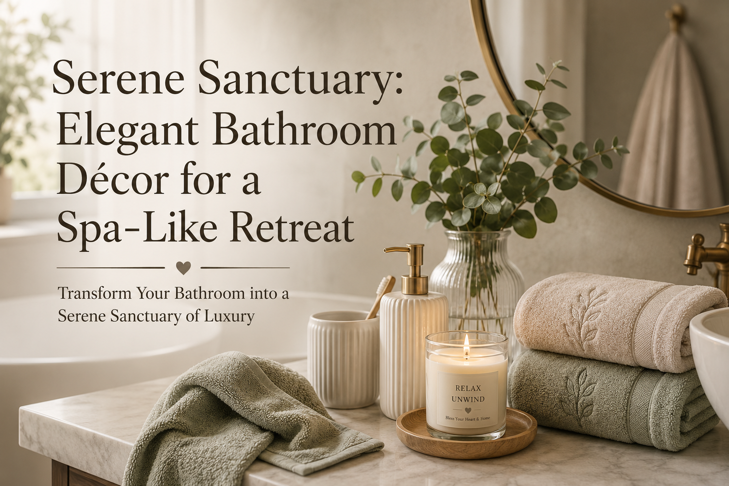Bathroom counter with towels, candles, and a plant with text overlay about bathroom decor.