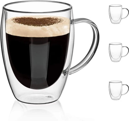 COMOOO Double Walled Glass Coffee Mugs Glass Mug with Handles Double Wall Cappuccino Cups, 12Oz of Set 4 Coffee Tea Mugs, Clear Glasses with Handle