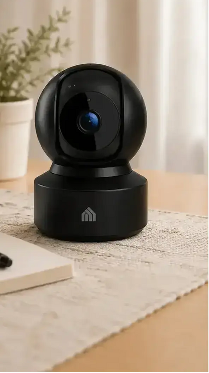 Black security camera on a desk with a laptop, notebook, and pen in a home office setting.