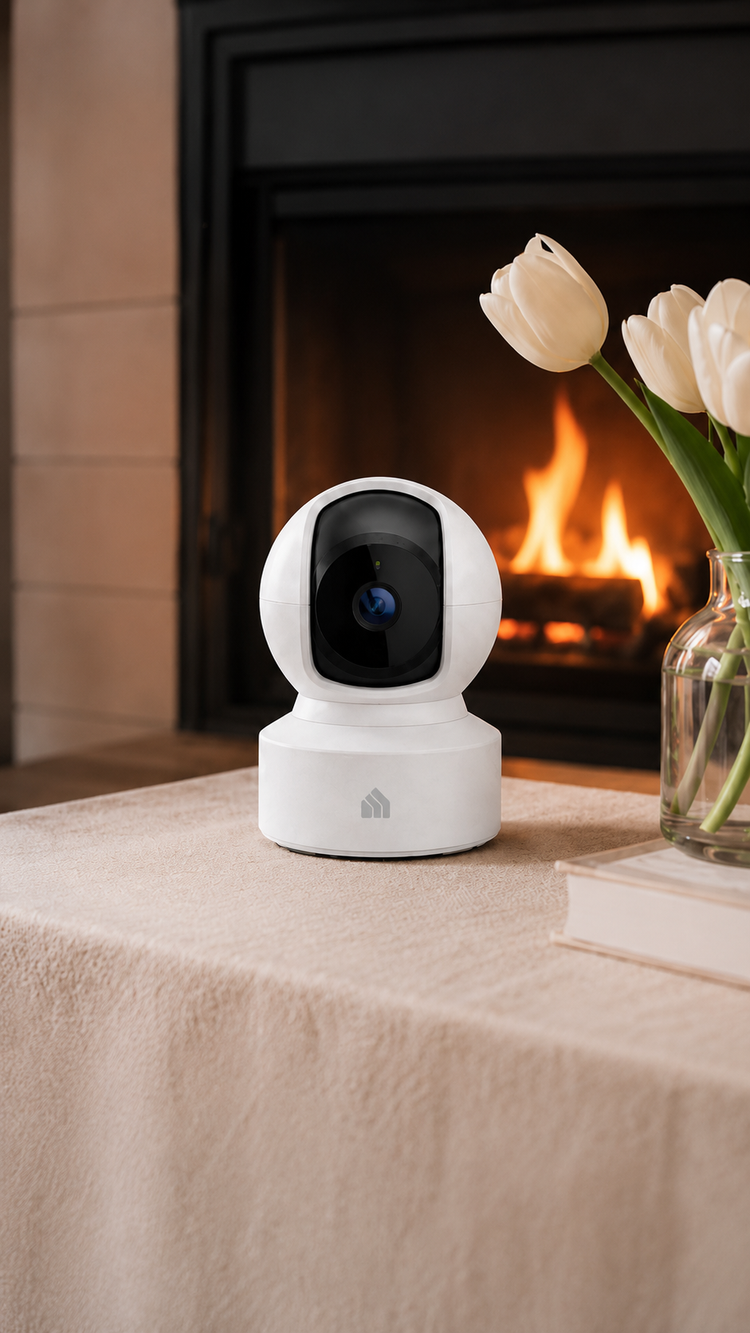 White security camera on a table with a fireplace and flowers in the background