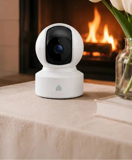 White security camera on a table with a fireplace and flowers in the background