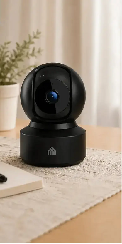 Black security camera on a desk with a laptop, notebook, and pen in a home office setting.