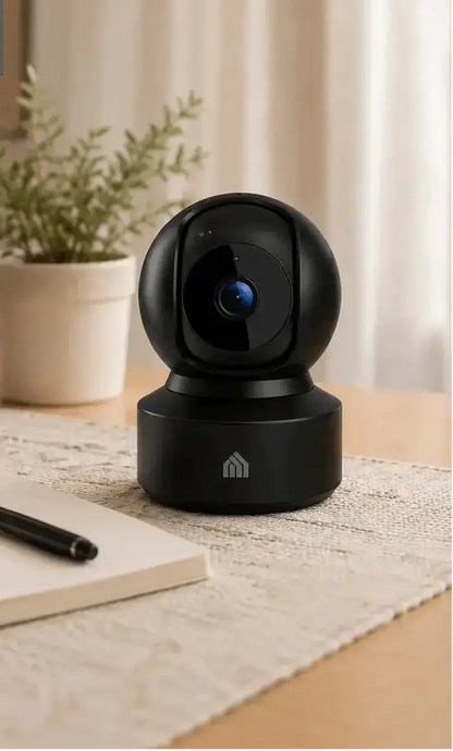 Black security camera on a desk with a laptop, notebook, and pen in a home office setting.