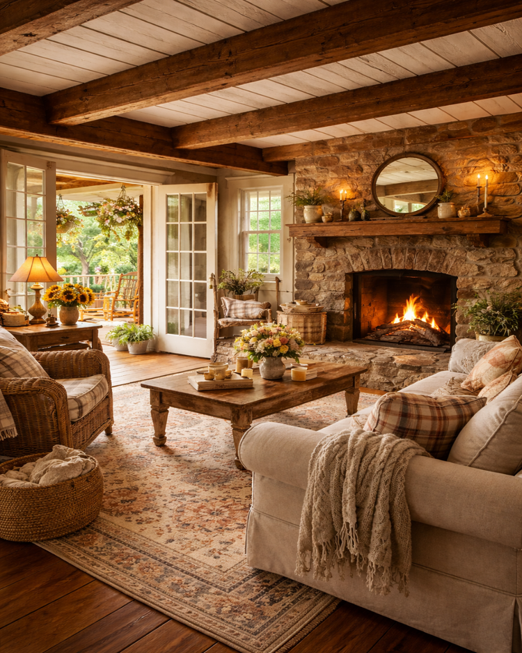 Cozy living room with stone fireplace, wooden beams, and comfortable furniture.