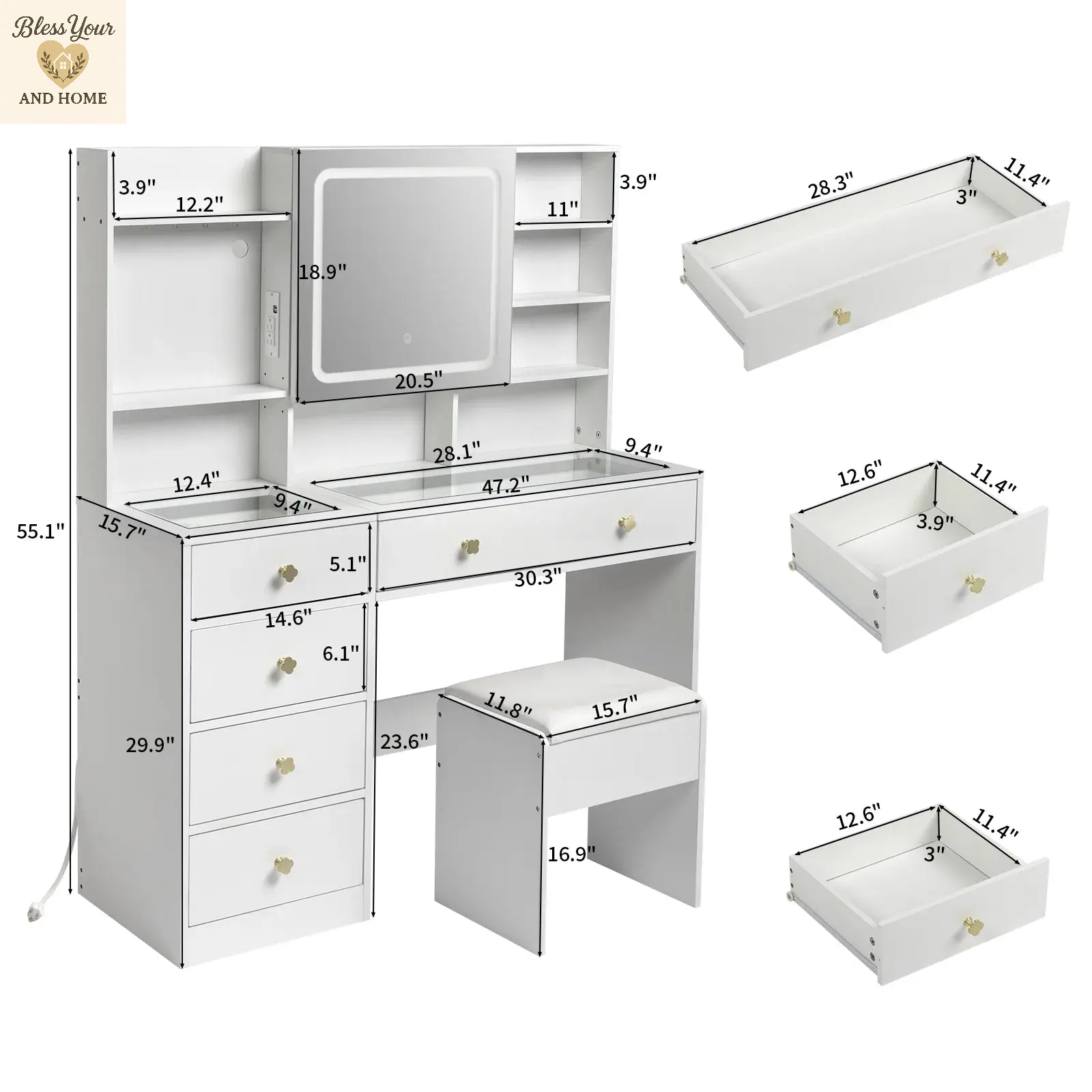 Elevate Your Beauty Routine with the Ktaxon 47.2" Makeup Vanity - Complete with Adjustable 3-Color LED Lights and USB Charging Station!