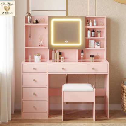Elevate Your Beauty Routine with the Ktaxon 47.2" Makeup Vanity - Complete with Adjustable 3-Color LED Lights and USB Charging Station!