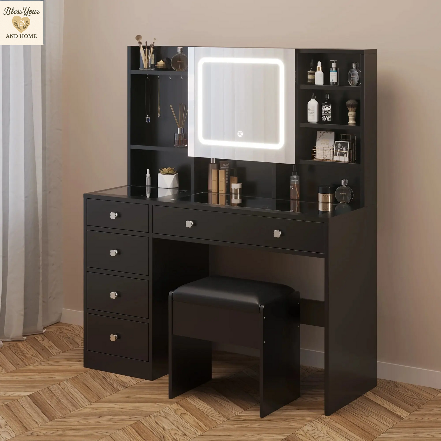 Elevate Your Beauty Routine with the Ktaxon 47.2" Makeup Vanity - Complete with Adjustable 3-Color LED Lights and USB Charging Station!