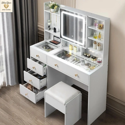 Elevate Your Beauty Routine with the Ktaxon 47.2" Makeup Vanity - Complete with Adjustable 3-Color LED Lights and USB Charging Station!