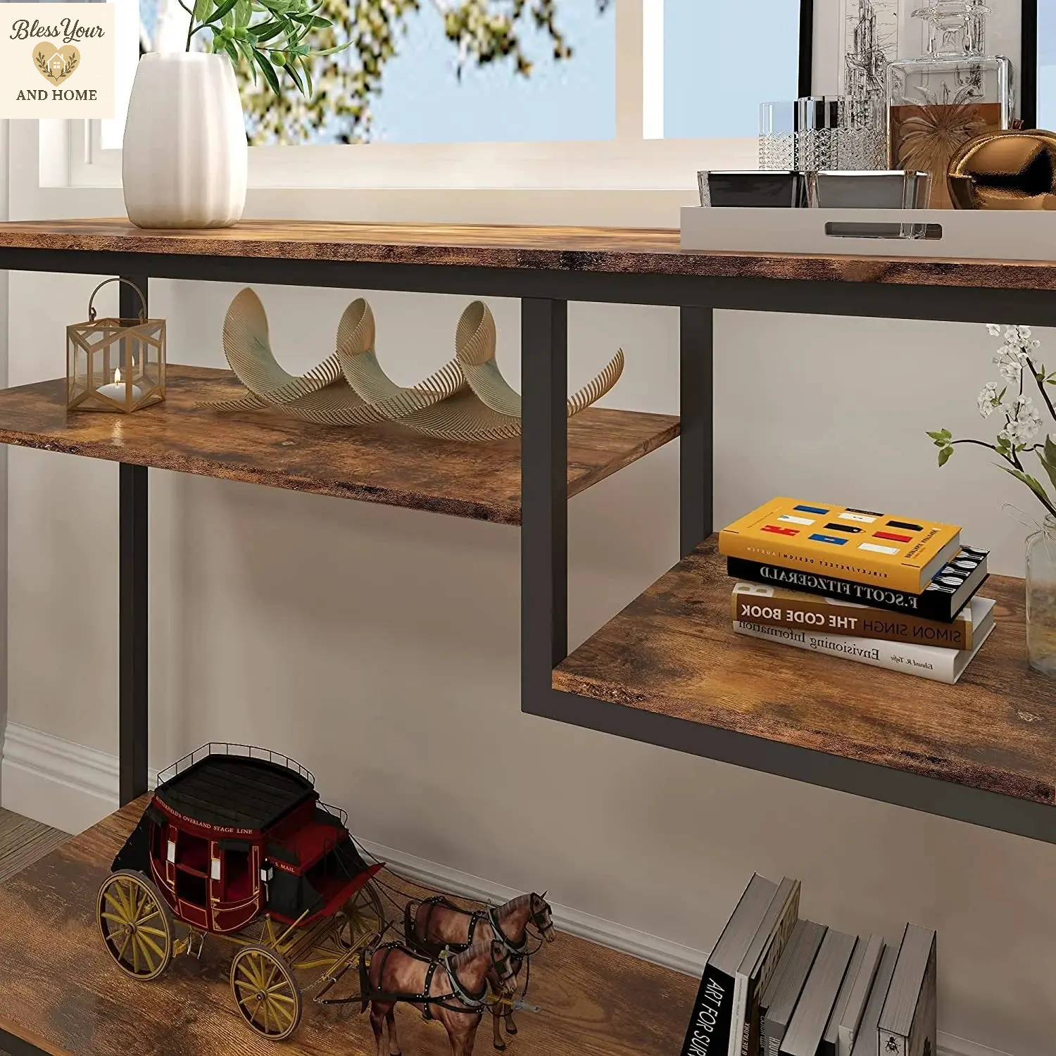 Elegant Rustic Narrow Console Table with 4 Storage Shelves and 2 Hooks - Perfect for Any Space