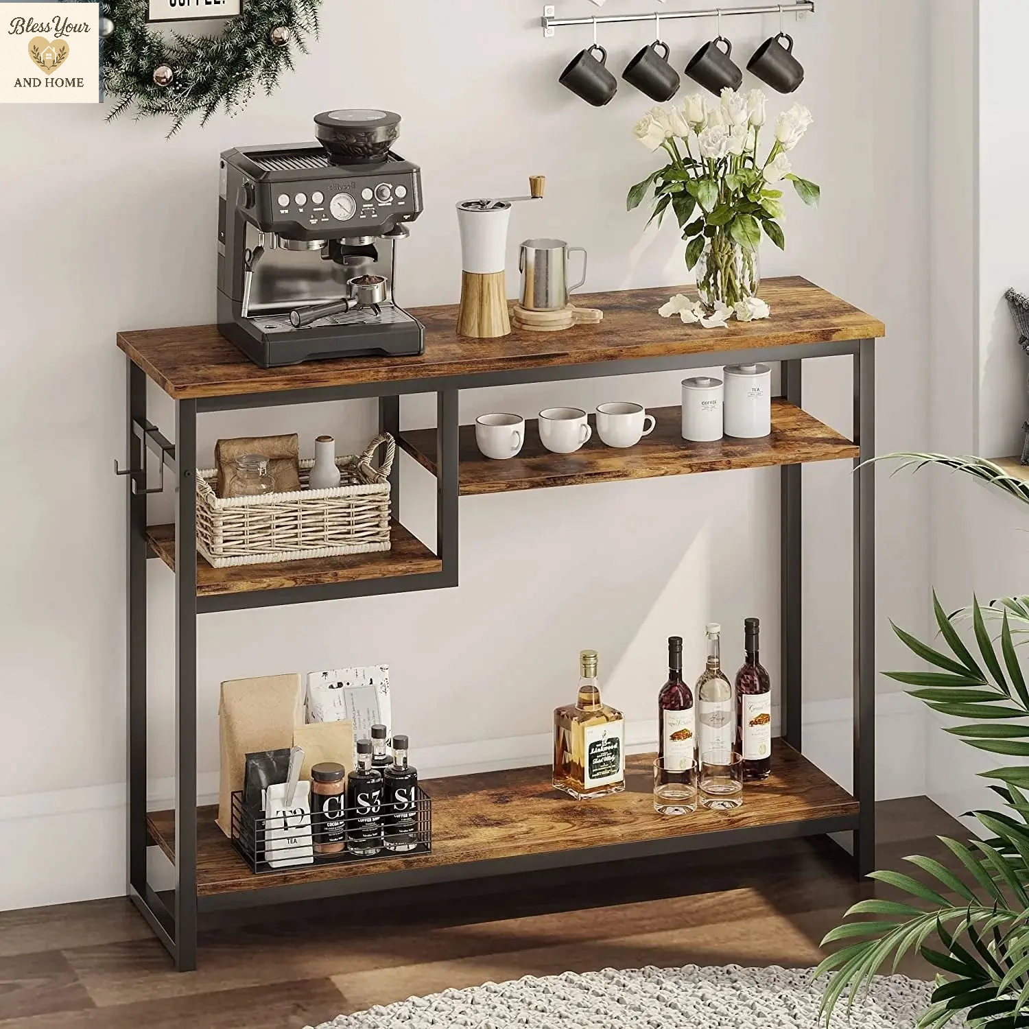 Elegant Rustic Narrow Console Table with 4 Storage Shelves and 2 Hooks - Perfect for Any Space