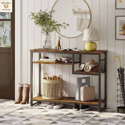 Elegant Rustic Narrow Console Table with 4 Storage Shelves and 2 Hooks - Perfect for Any Space