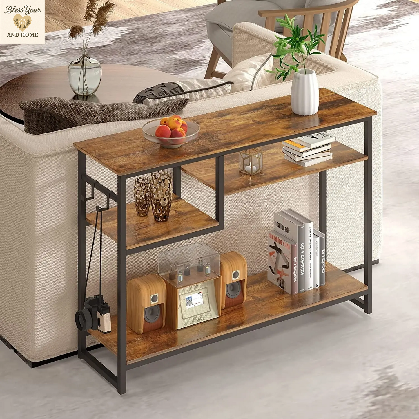 Elegant Rustic Narrow Console Table with 4 Storage Shelves and 2 Hooks - Perfect for Any Space