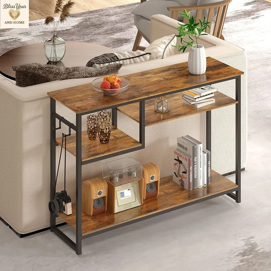 Elegant Rustic Narrow Console Table with 4 Storage Shelves and 2 Hooks - Perfect for Any Space