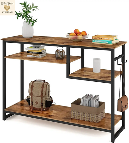 Elegant Rustic Narrow Console Table with 4 Storage Shelves and 2 Hooks - Perfect for Any Space
