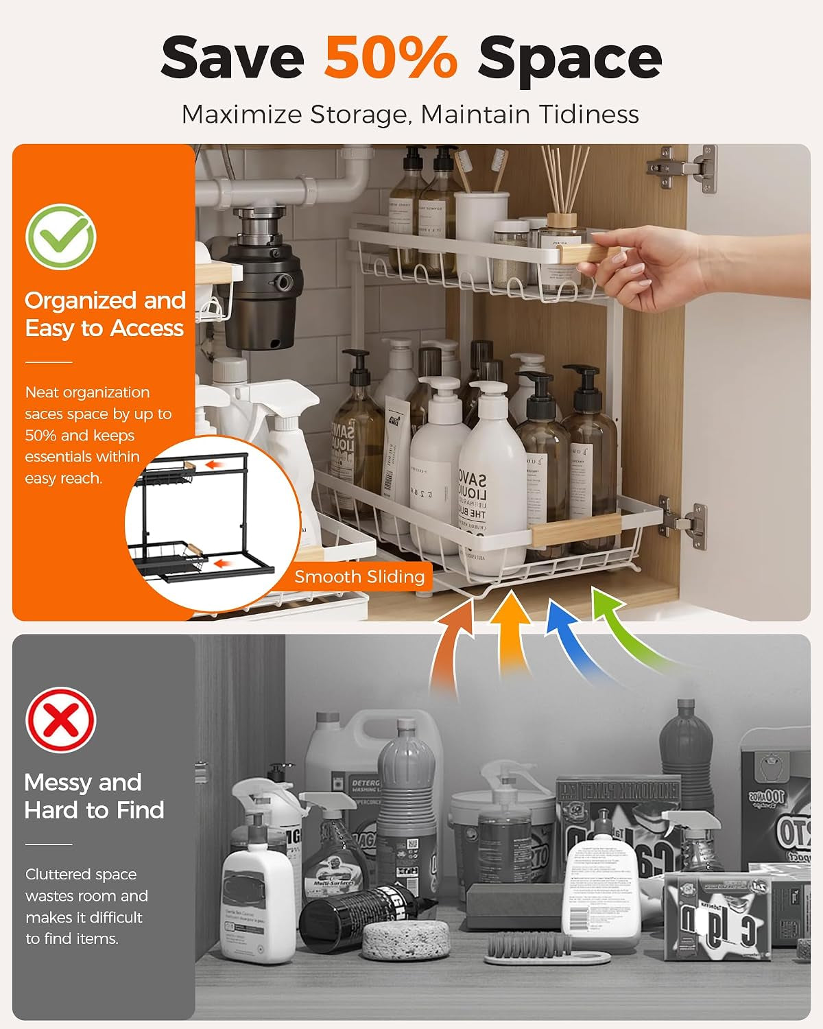 2-Pack 2-Tier Height Adjustable under Sink Organizer & Storage