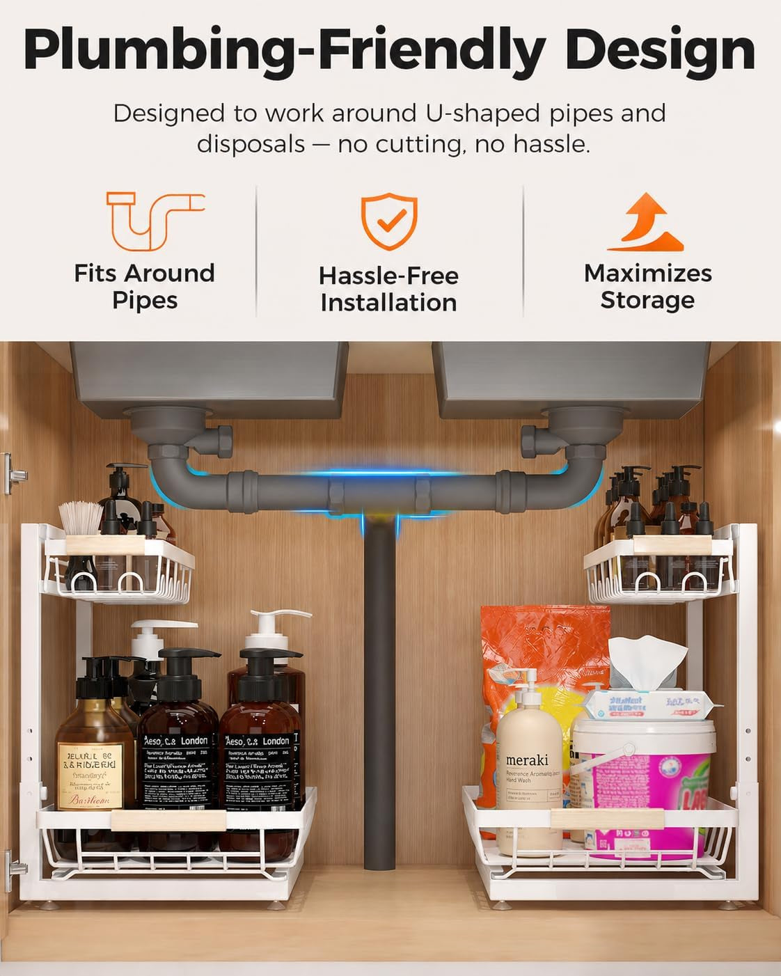 2-Pack 2-Tier Height Adjustable under Sink Organizer & Storage