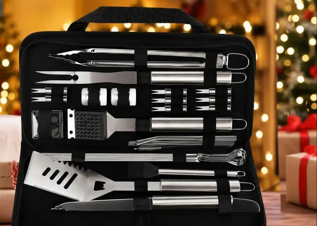 29 piece stainless steel BBQ grill accessories set displayed inside portable storage bag with grilling tools organized