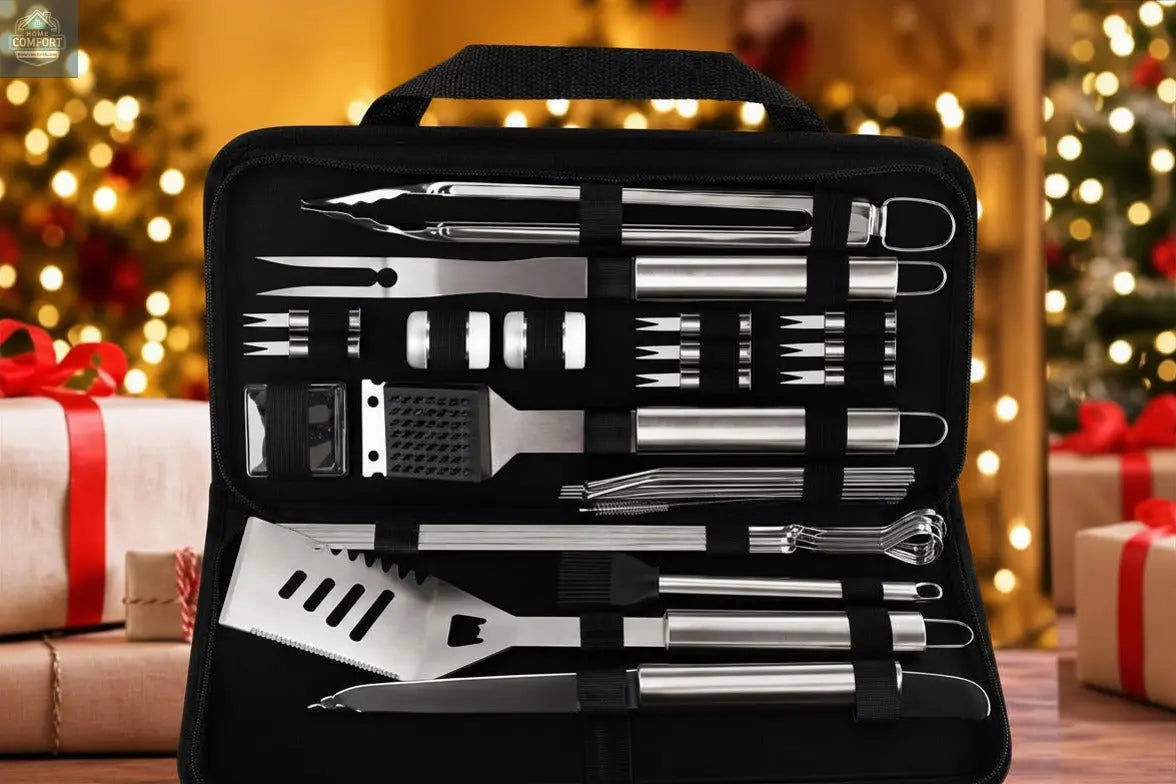 29 piece stainless steel BBQ grill accessories set displayed inside portable storage bag with grilling tools organized