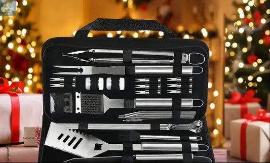 29 piece stainless steel BBQ grill accessories set displayed inside portable storage bag with grilling tools organized