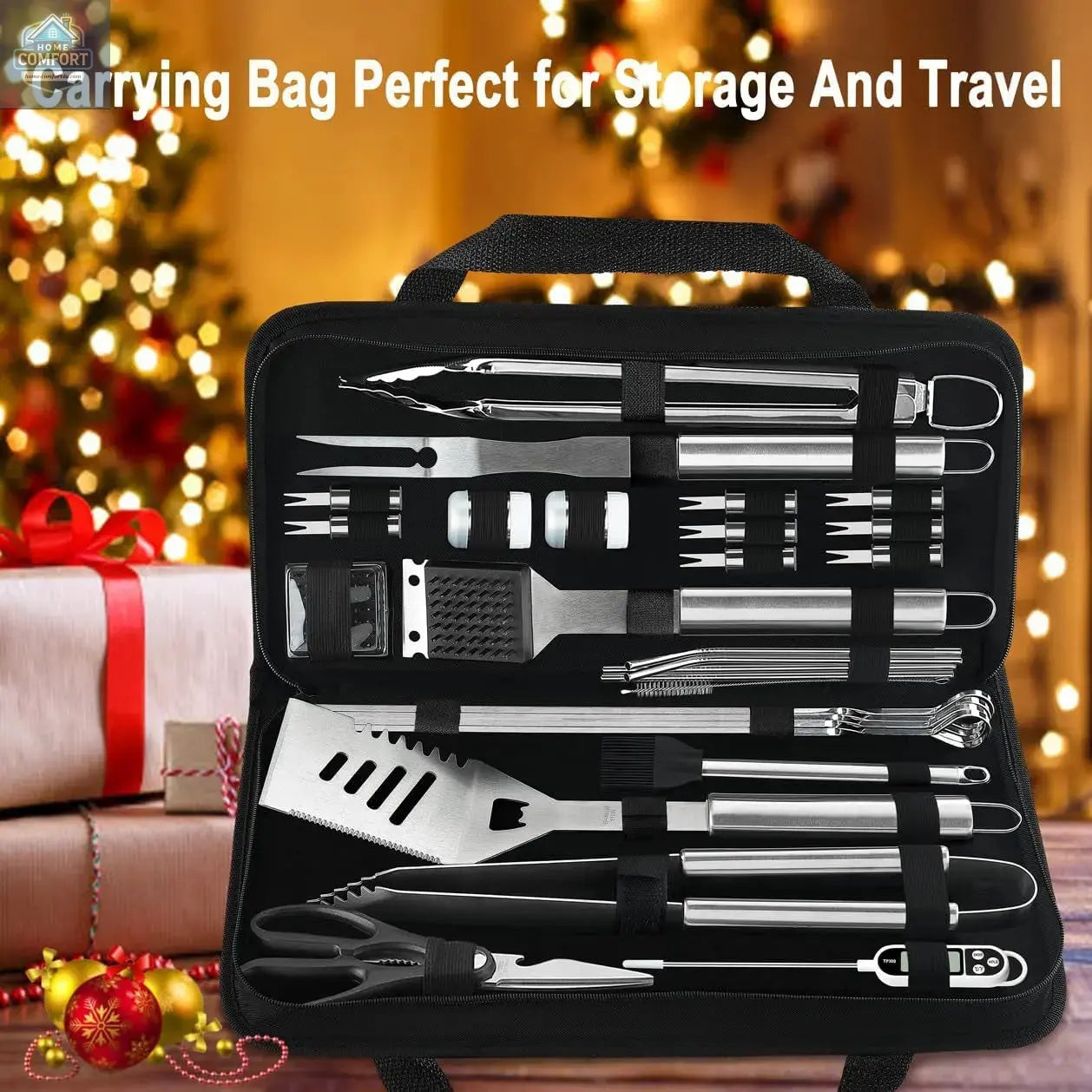 29 piece stainless steel BBQ grill accessories set displayed inside portable storage bag with grilling tools organized