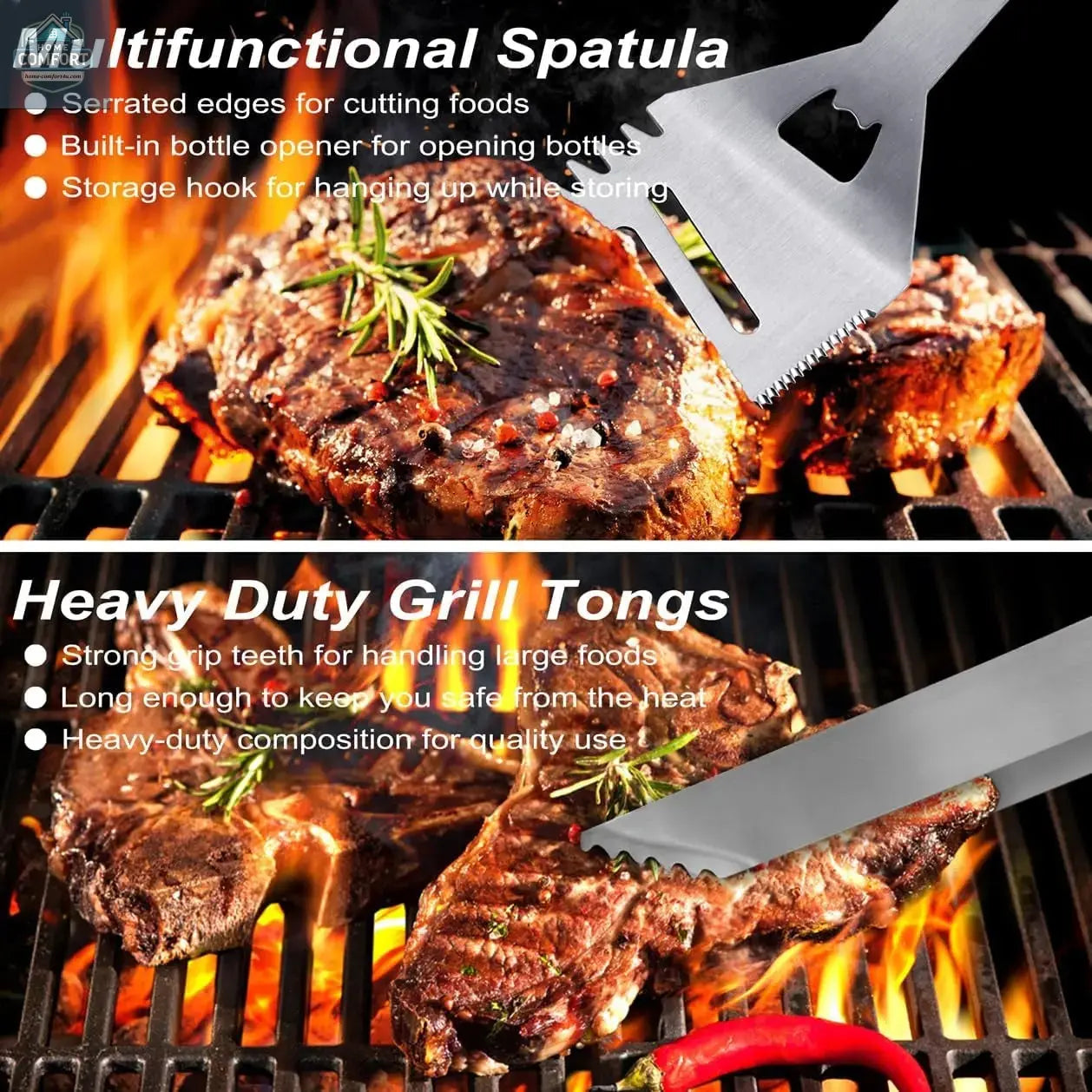stainless steel barbecue spatula and heavy duty grill tongs being used to cook steaks on outdoor grill