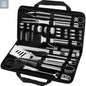complete stainless steel grill utensil set arranged inside zippered carrying case showing all included barbecue tools