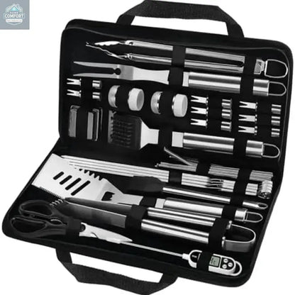 complete stainless steel grill utensil set arranged inside zippered carrying case showing all included barbecue tools