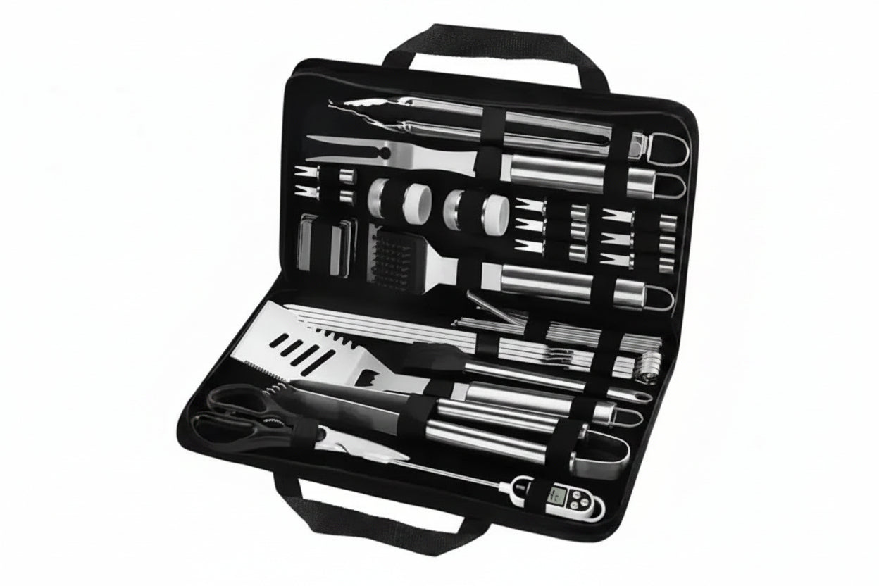 complete stainless steel grill utensil set arranged inside zippered carrying case showing all included barbecue tools