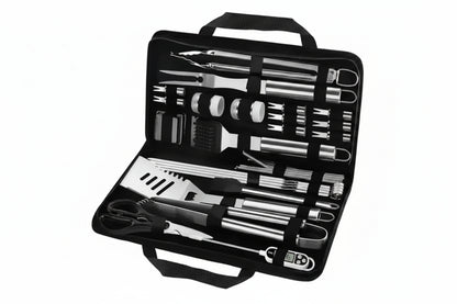 complete stainless steel grill utensil set arranged inside zippered carrying case showing all included barbecue tools